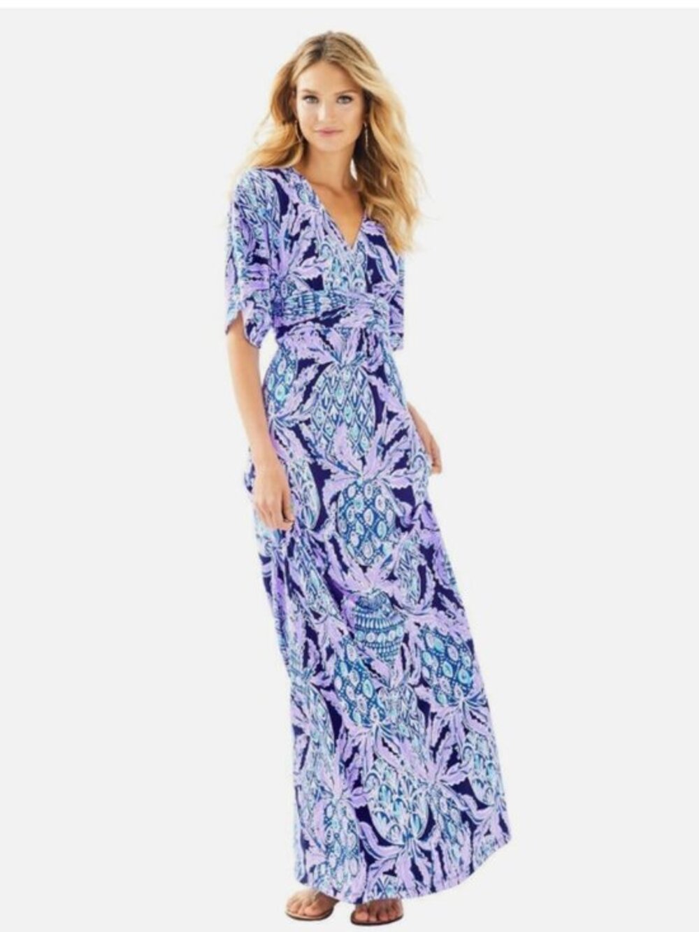 Lilly Pulitzer Lavender and Navy Parigi Maxi Dress Kimono Sleeves size Small